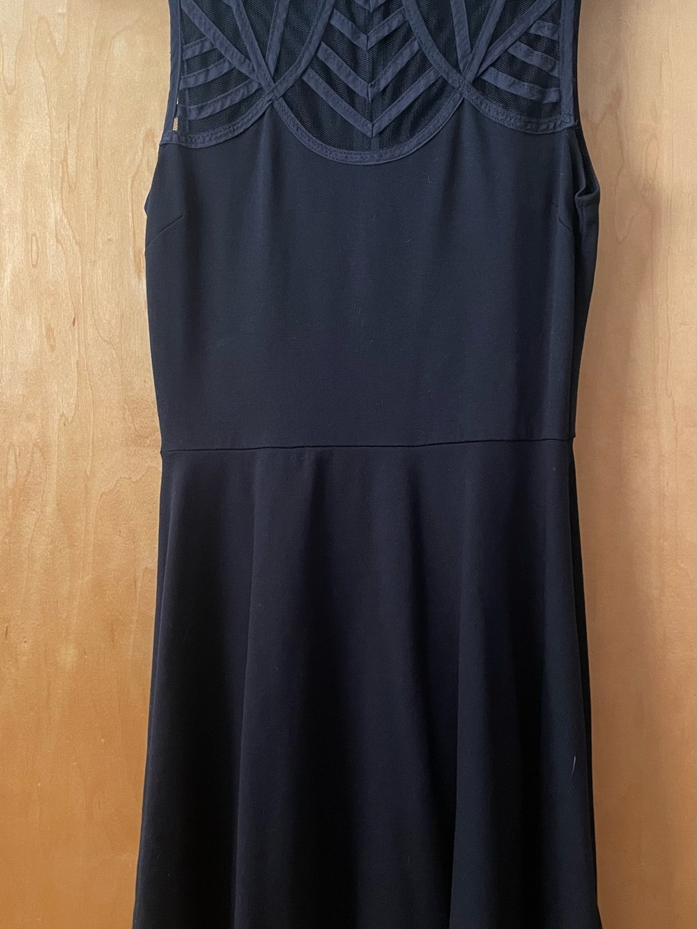 love...ady Black Midi Dress with Sheer Geometric Yoke